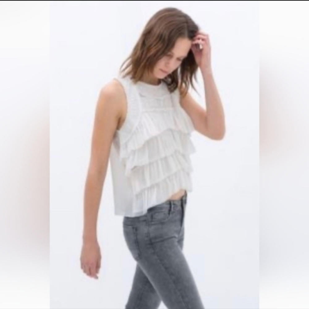 ZARA  Trafaluc Chiffon Crepe Ruffled Sleeveless Top, Size XS, RN#77302